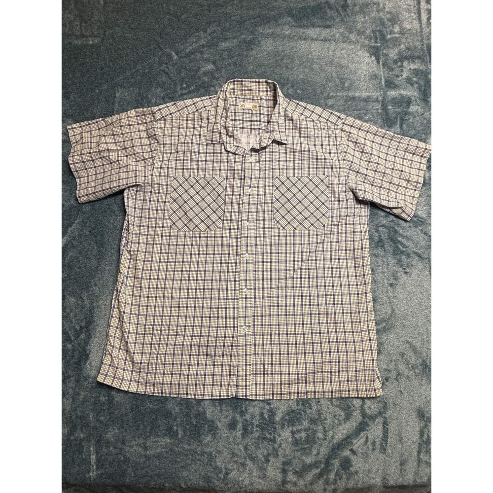 Haband Plaid Short Sleeve Casual Button-Down Shirt Mens 3XL Navy Yellow White